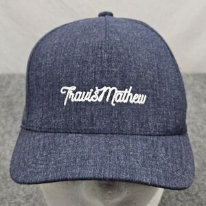Travis Mathew Flexfit Hat Navy Blue Script Logo Golf Casual Athleisure Minimal